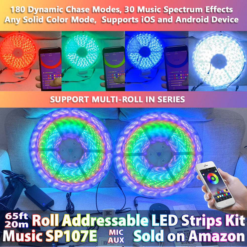 2021 New Upgraded DC24V 65.6\'/20meters 720 LEDs Bluetooth Music Dream Color Chasing Digital Addressable RGB Flexible LED Strip Light Kit, For Home, Party, Eaves, Car Decoration